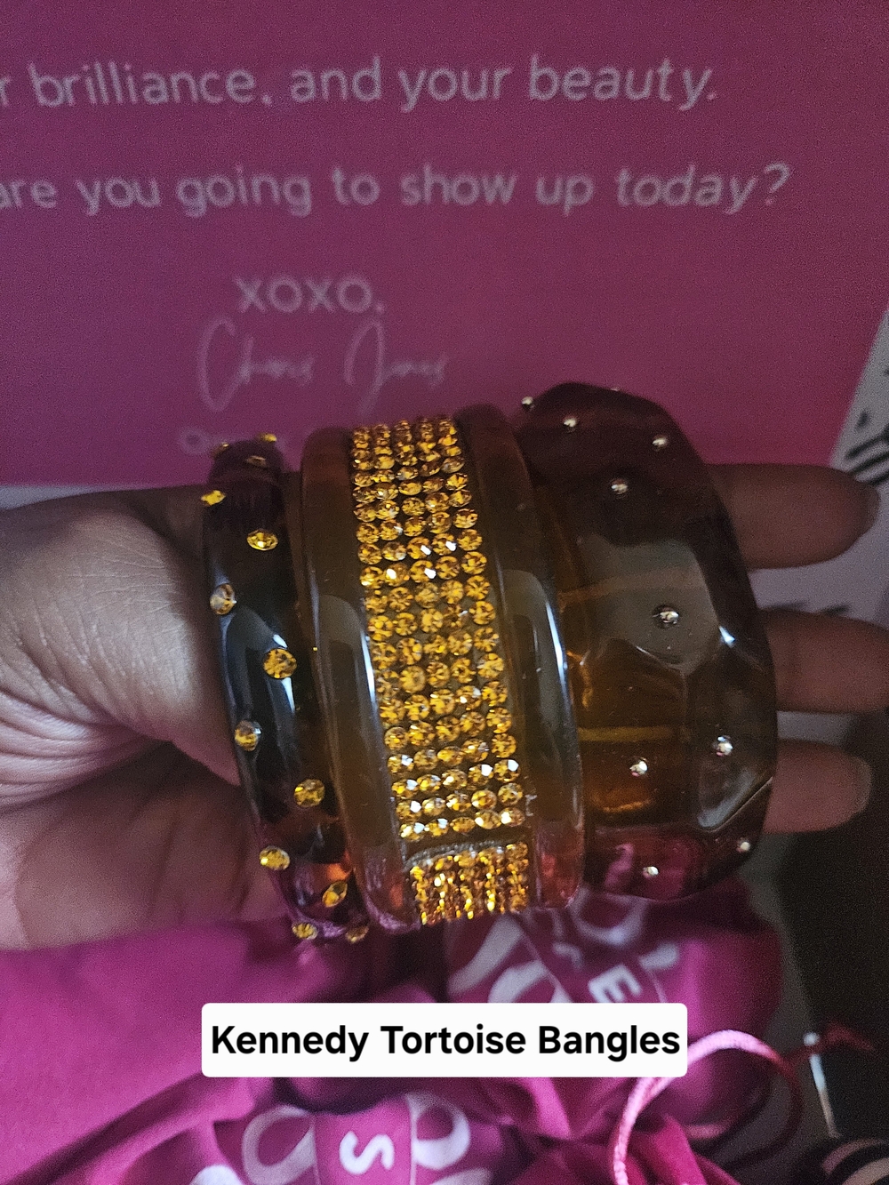 Sassy Jones Kennedy Tortoise Bangles with Gold Crystal Accents